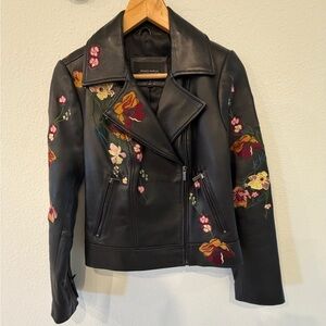 Neiman Marcus Black Leather Jacket with Floral Embroidery